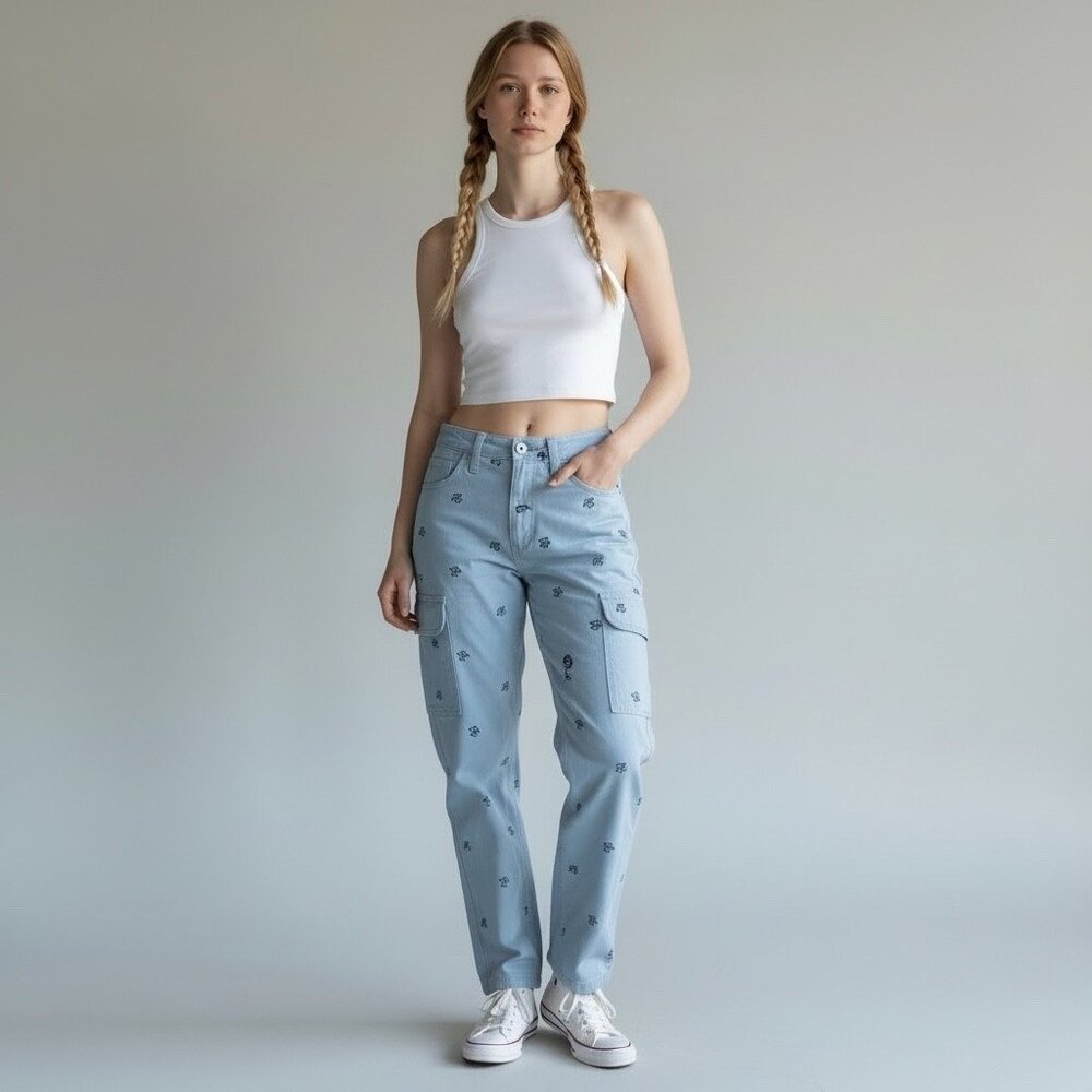 Pacsun Blue Baggy Carpenter Mushroom Embroidery Cargo Jeans Pants NWT Small